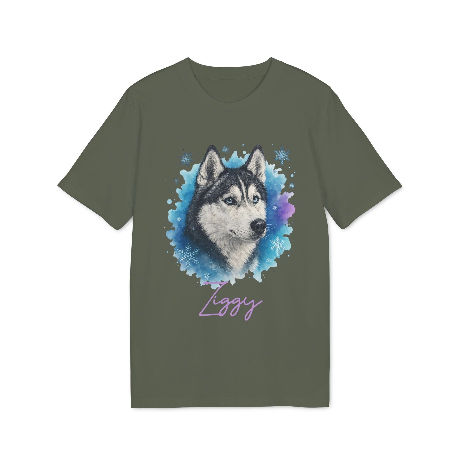 Alt Tag: Siberian Husky Personalized Premium Unisex T-Shirt con ilustración de husky y nombre personalizado "Ziggy" en camiseta verde oliva