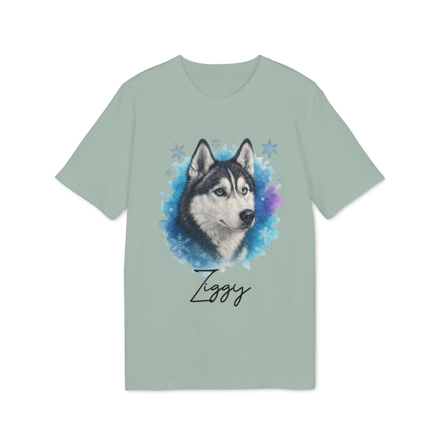 Alt Tag: Siberian Husky Personalized Premium Unisex T-Shirt con retrato de husky y nombre Ziggy en camiseta verde claro
