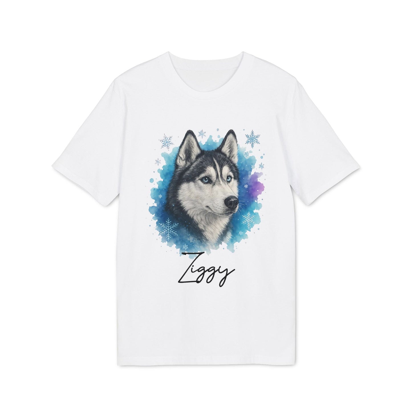 Alt Tag: Siberian Husky Personalized Premium Unisex T-Shirt blanca con ilustración de husky y nombre personalizado “Ziggy”