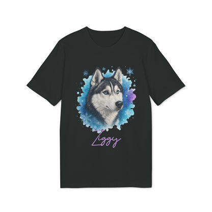 Alt Tag: Siberian Husky Personalized Premium Unisex T-Shirt, black tee with husky portrait and custom name "Ziggy"