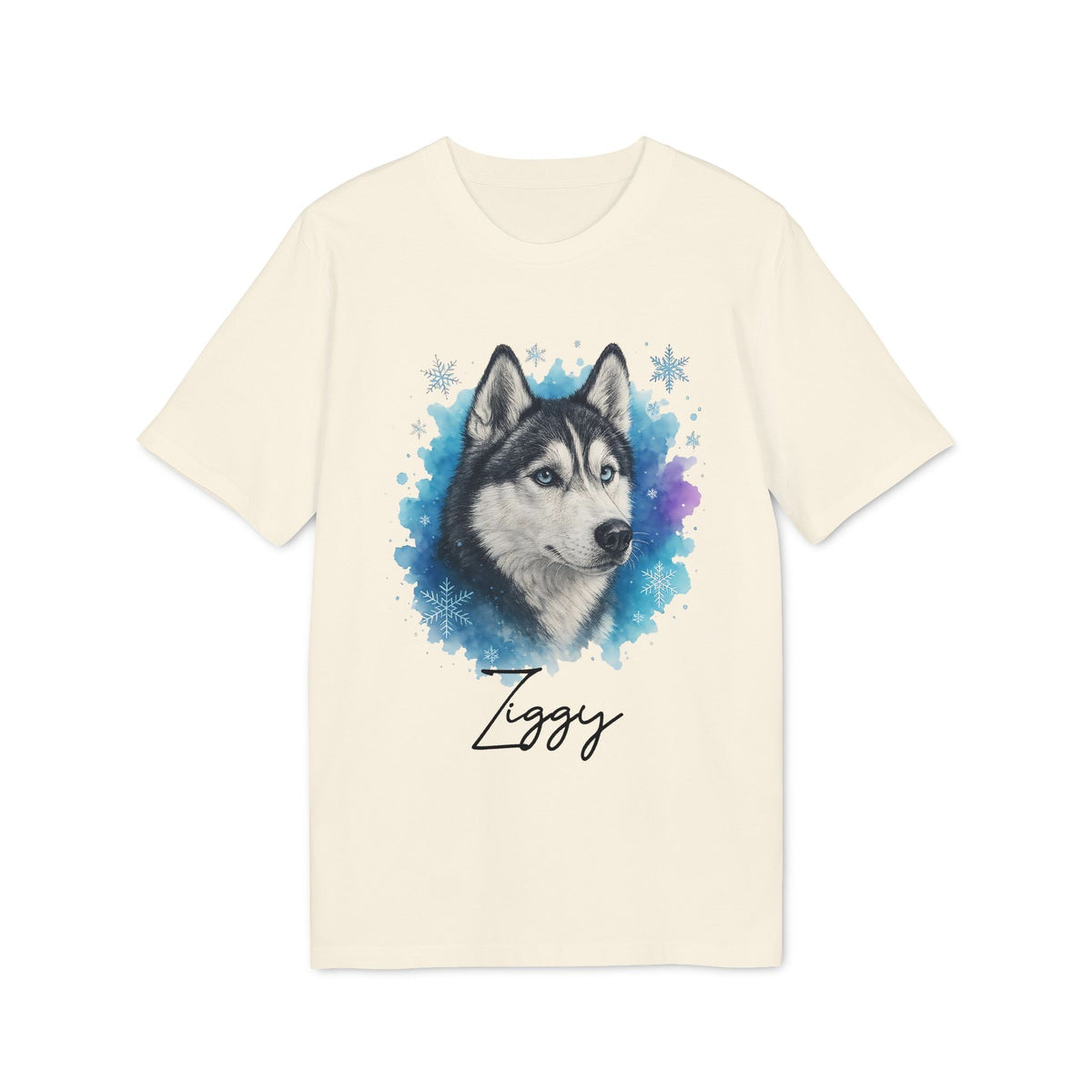Siberian Husky Personalized Premium Unisex T-Shirt with husky portrait graphic and custom name Ziggy on cream tee