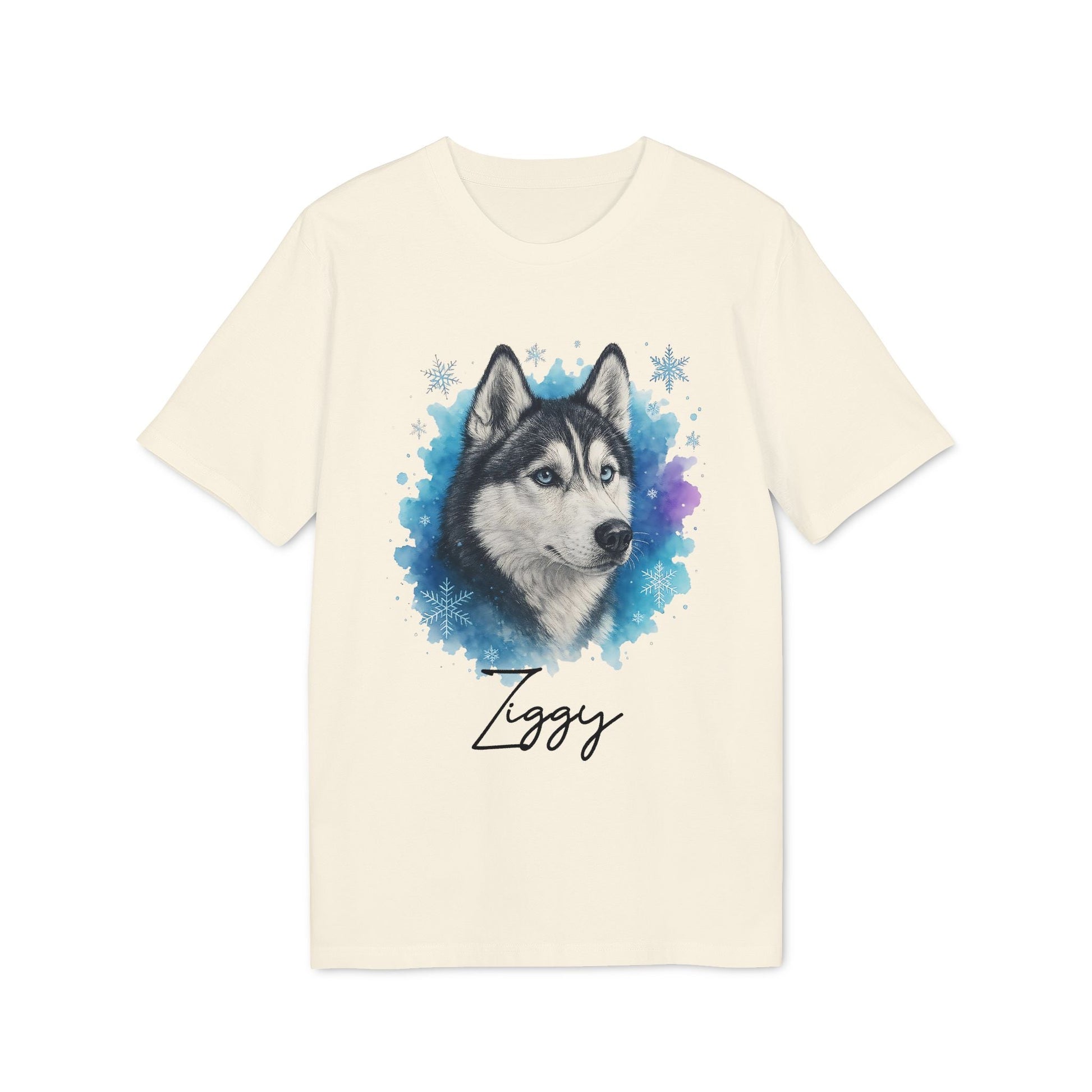 Siberian Husky Personalized Premium Unisex T-Shirt with husky portrait graphic and custom name Ziggy on cream tee