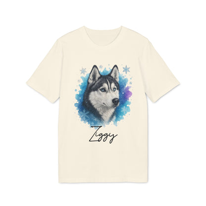 Siberian Husky Personalized Premium Unisex T-Shirt with husky portrait graphic and custom name Ziggy on cream tee