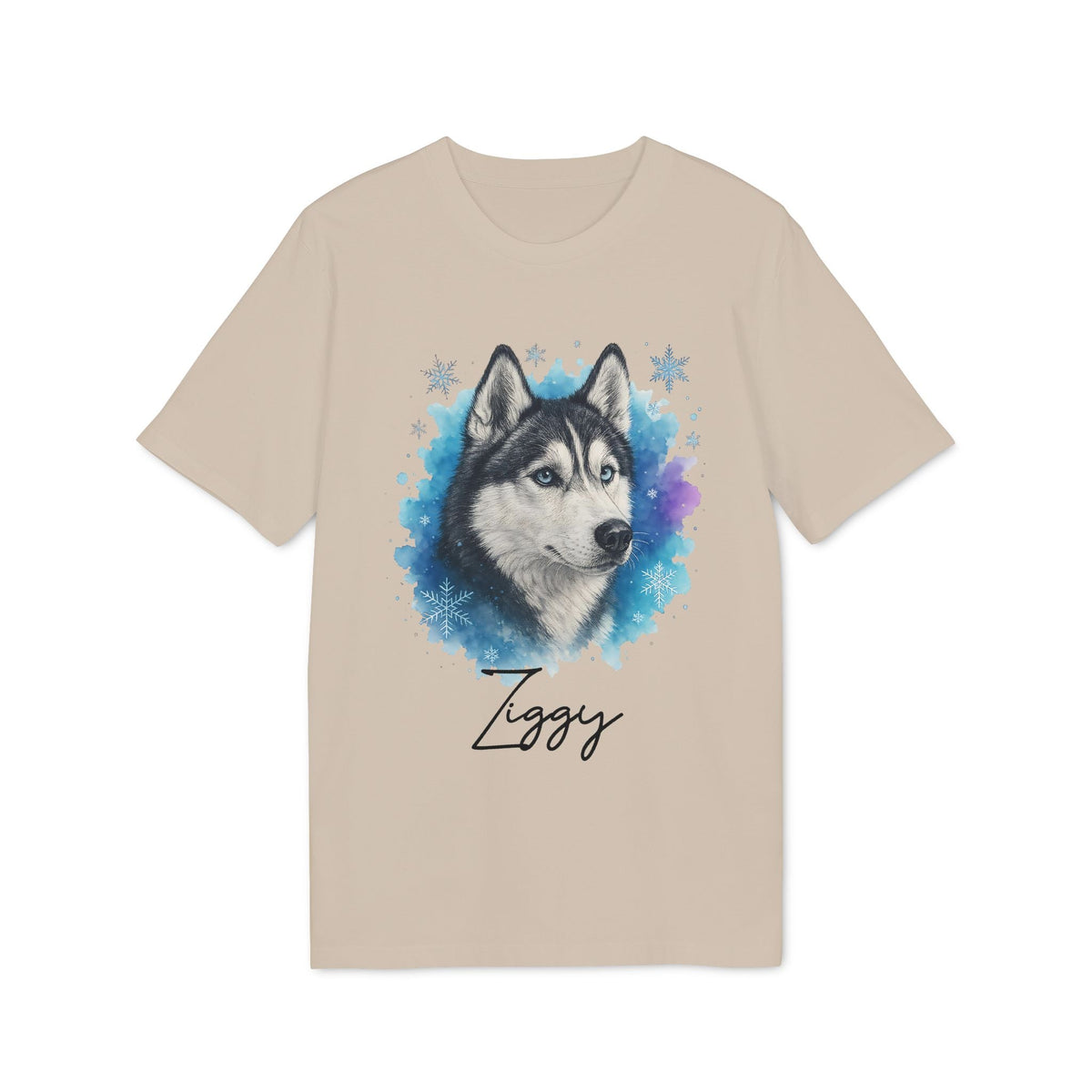 Siberian Husky Personalized Premium Unisex T-Shirt beige with watercolor husky portrait and custom name Ziggy