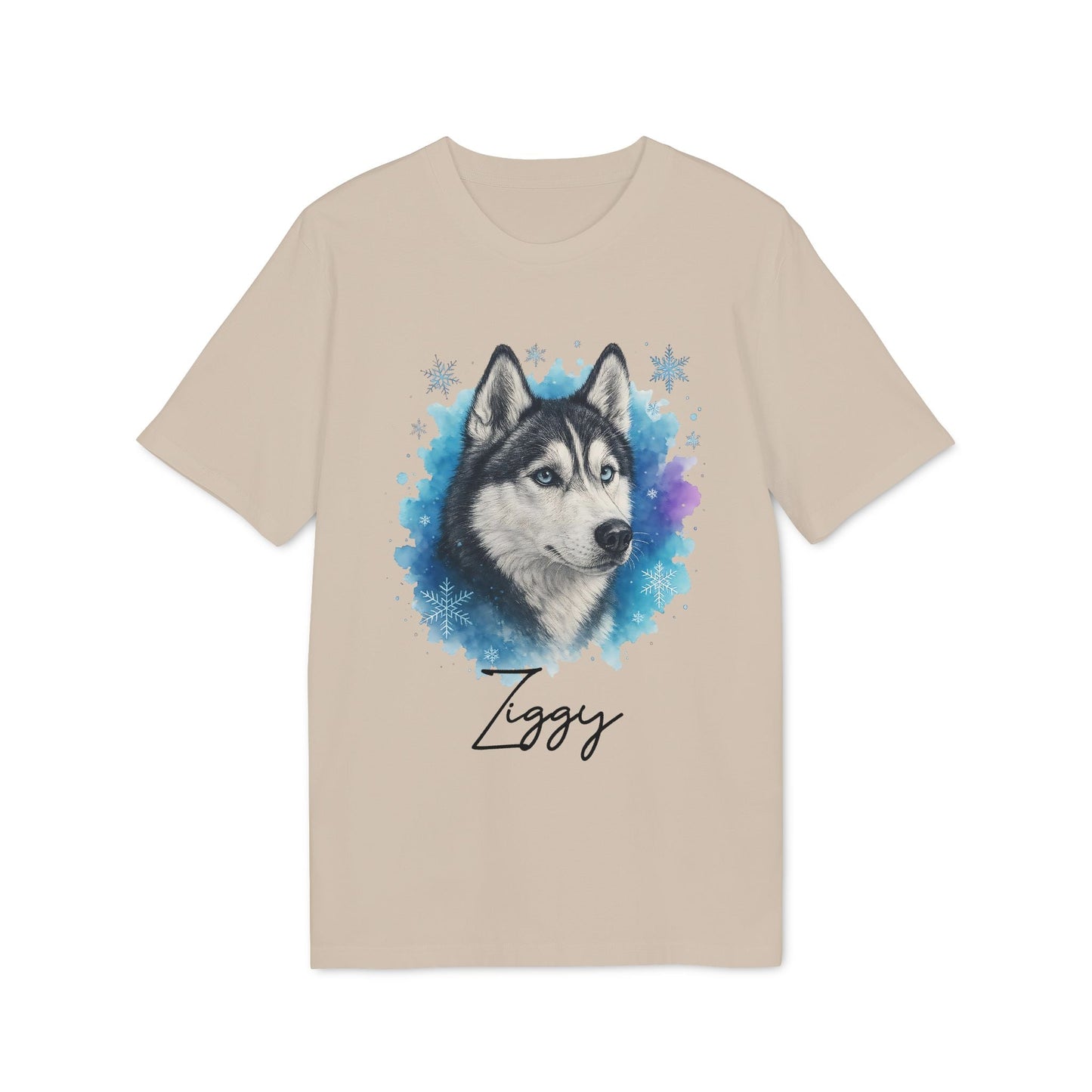 Siberian Husky Personalized Premium Unisex T-Shirt beige with watercolor husky portrait and custom name Ziggy