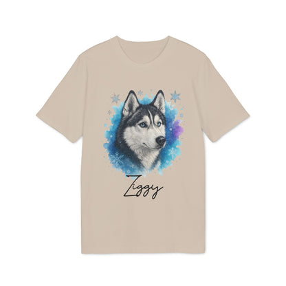 Siberian Husky Personalized Premium Unisex T-Shirt beige with watercolor husky portrait and custom name Ziggy