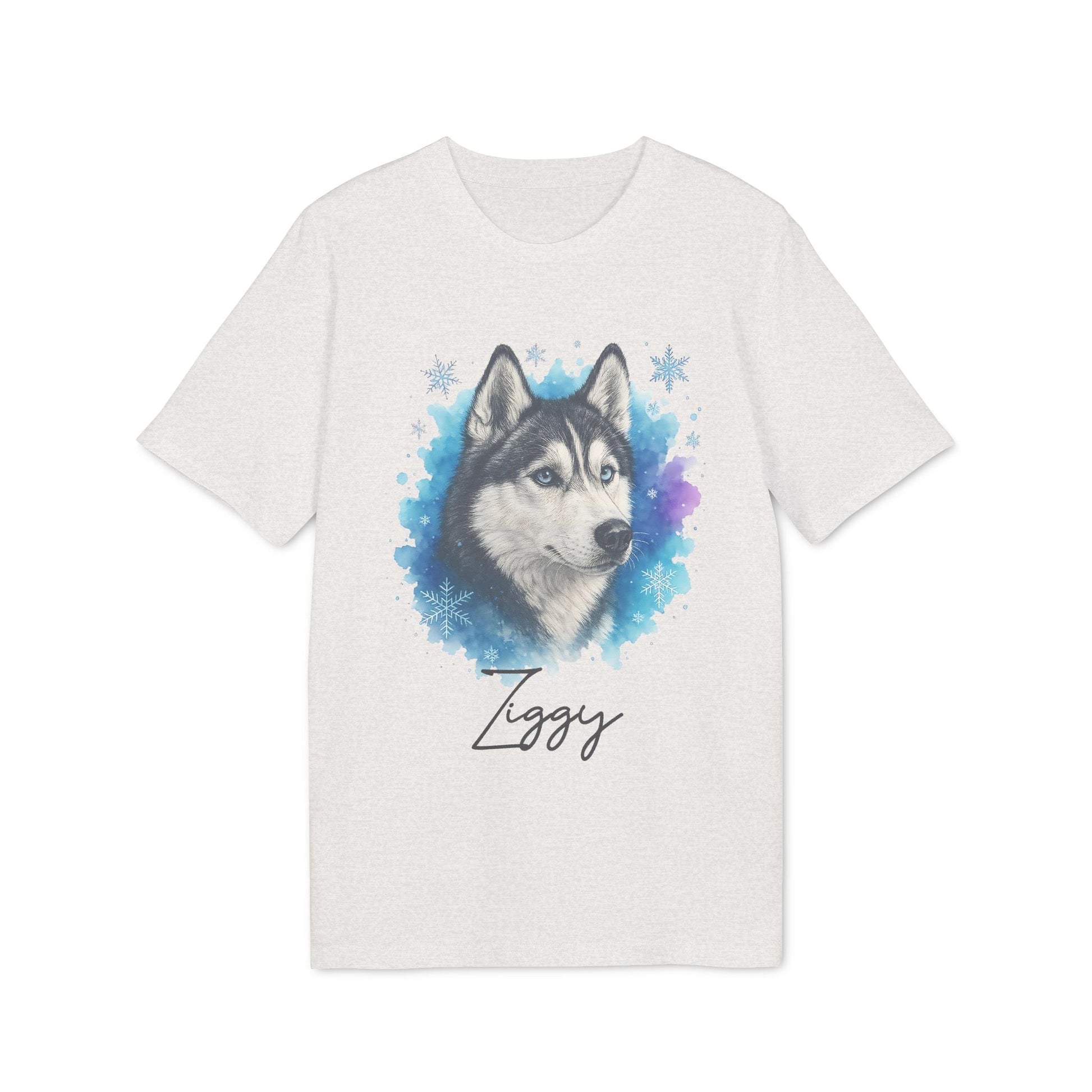 Siberian Husky Personalized Premium Unisex T-Shirt with husky portrait graphic and custom name Ziggy on white tee