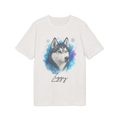Siberian Husky Personalized Premium Unisex T-Shirt with husky portrait graphic and custom name Ziggy on white tee