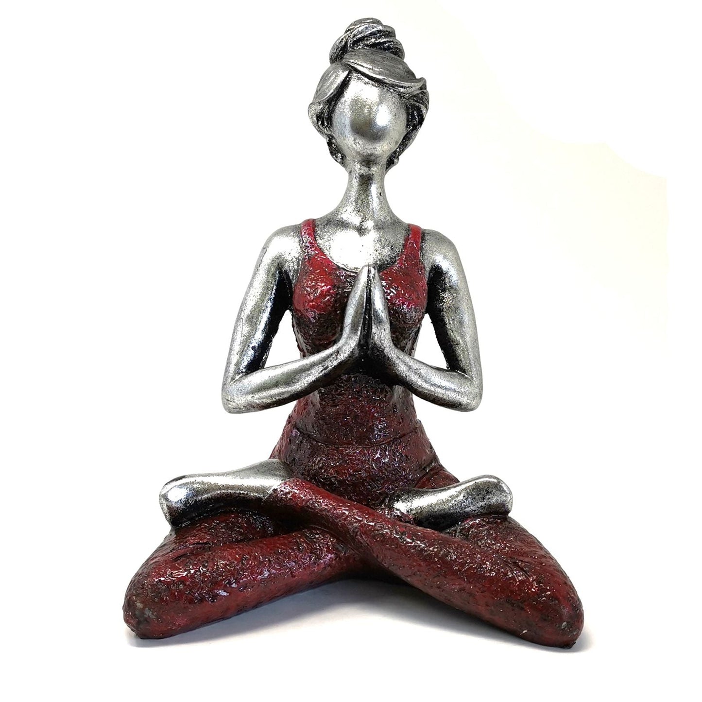 Silber- & Bordeaux-Yoga-Lady-Figur – 24 CM handgefertigte Figurine aus Harz und Zement in sitzender Yoga-Pose, silber- und bordeauxfarbener Deko-Ornament
