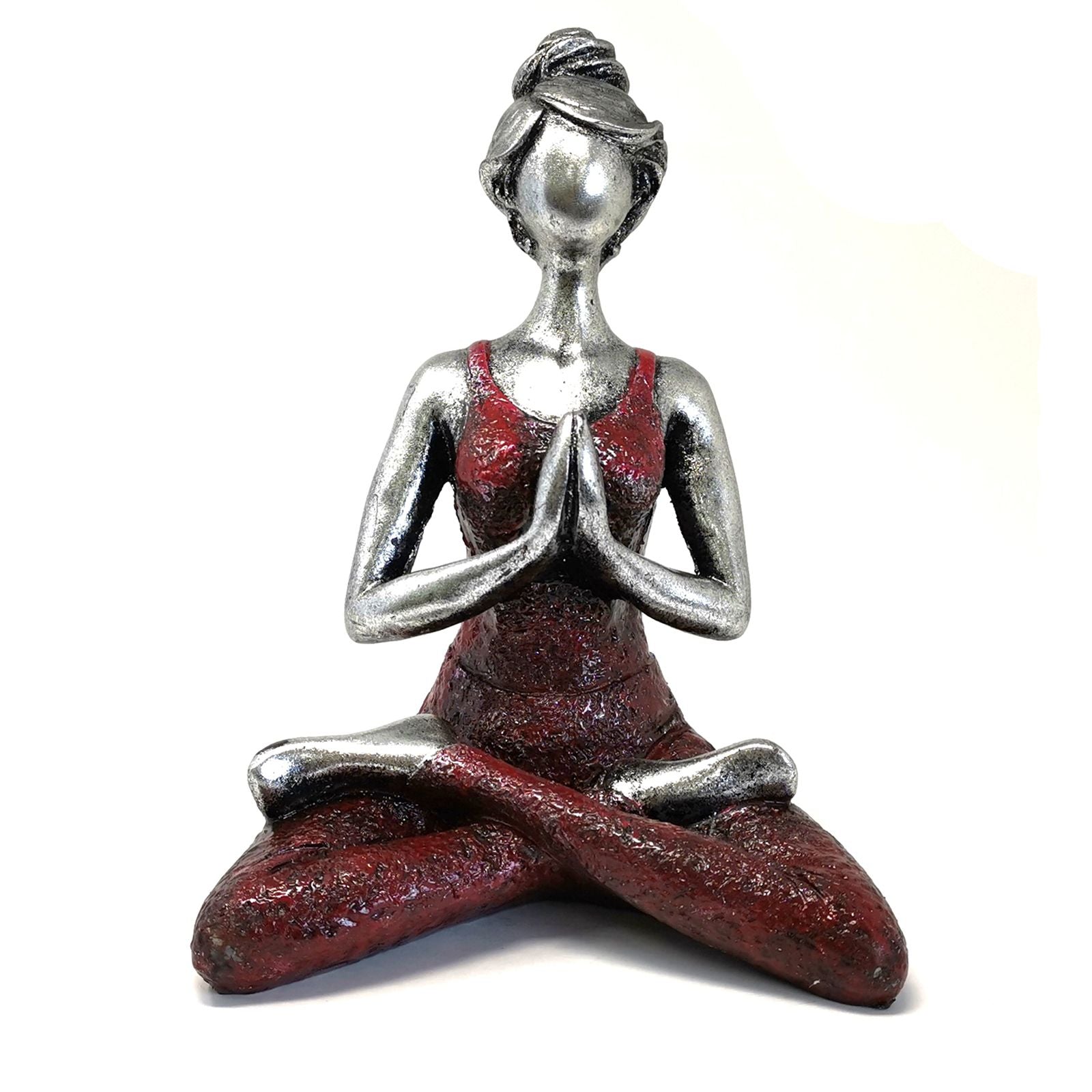 Silber- & Bordeaux-Yoga-Lady-Figur – 24 CM handgefertigte Figurine aus Harz und Zement in sitzender Yoga-Pose, silber- und bordeauxfarbener Deko-Ornament