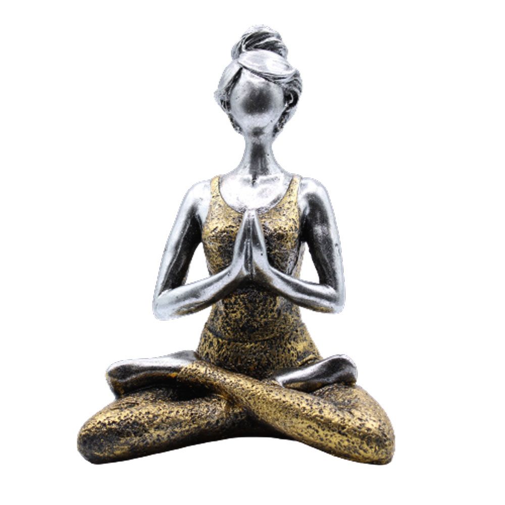 Figura de dama de yoga en plata y oro – 24CM, estatua de dama de yoga sentada en plata y oro con las manos en posición de oración, decoración artesanal