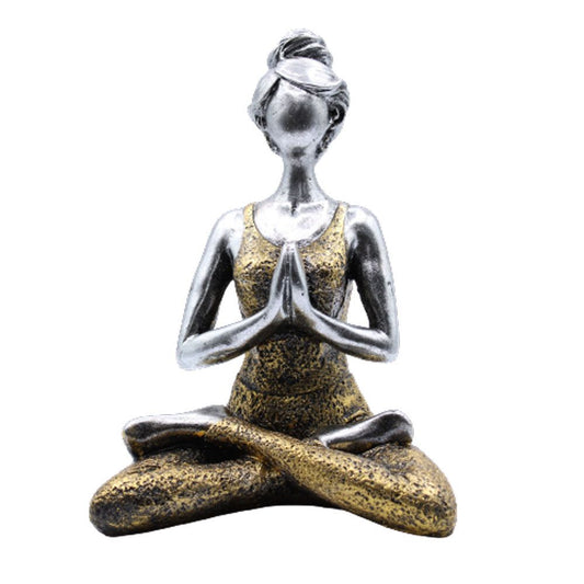 Silber- & Gold-Yoga-Damenfigur – 24CM, silber- und goldfarbene sitzende Yoga-Damenstatue mit Händen im Gebet, handgefertigte Dekoration
