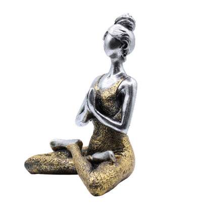 Figura de dama de yoga en plata y dorado – estatua sentada de meditación de 24CM, adorno decorativo artesanal en plata y dorado