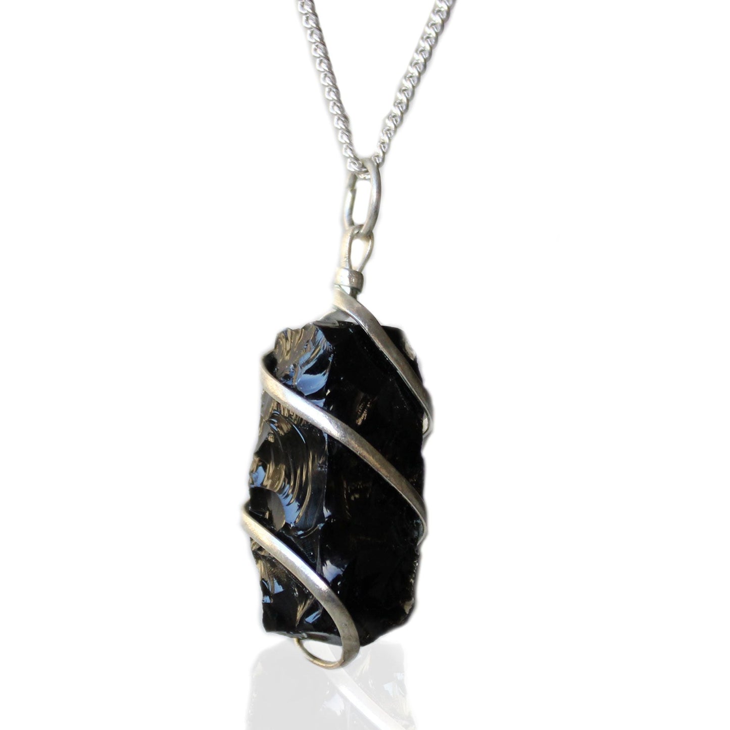 Alt Tag: Silver-Plated Gemstone Necklace – Rough Black Onyx pendant with rough black onyx wrapped in silver-plated wire on chain