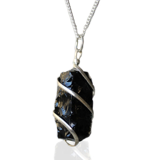 Alt Tag: Silver-Plated Gemstone Necklace – Rough Black Onyx pendant with rough black onyx wrapped in silver-plated wire on chain