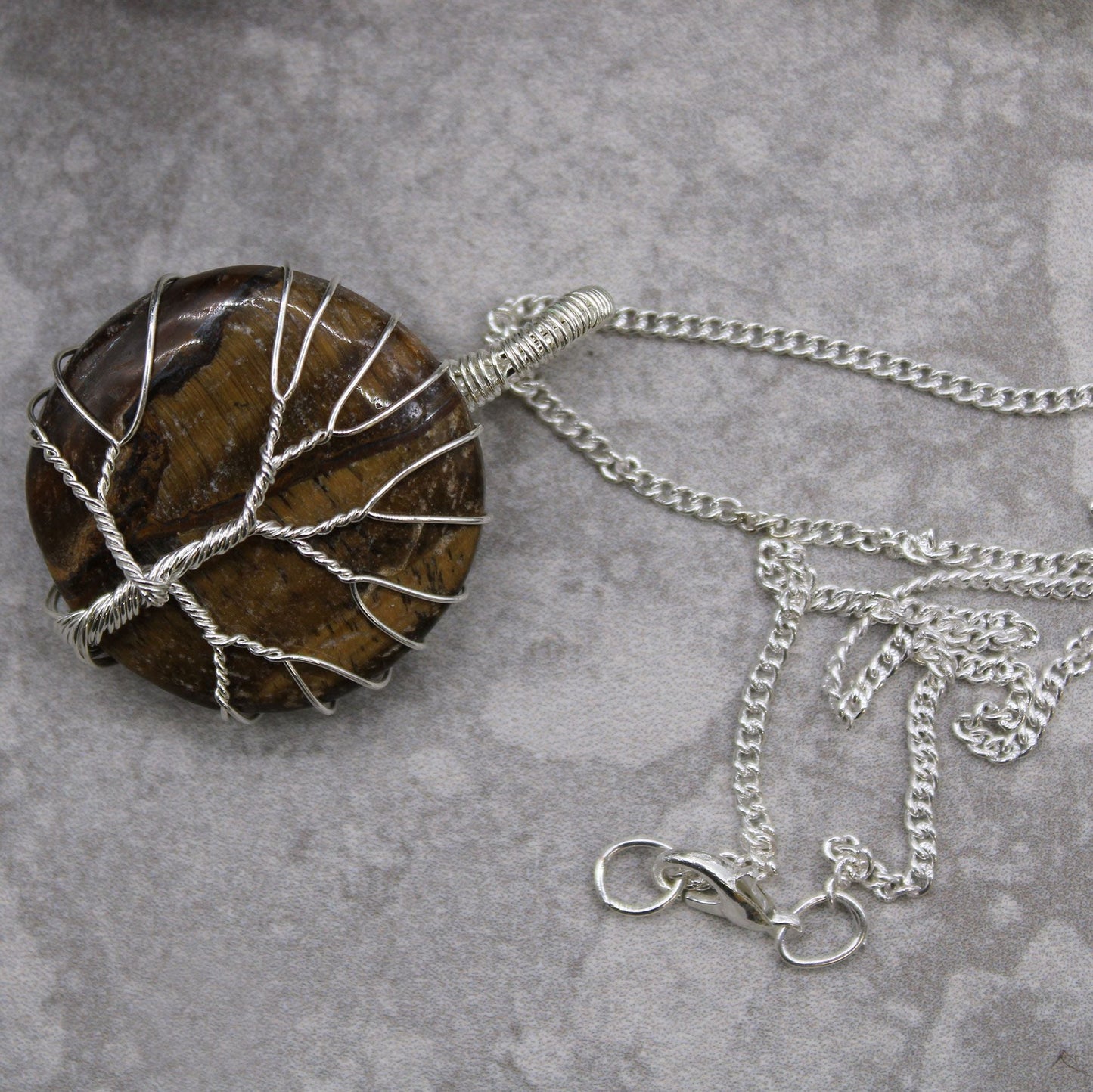 Alt Tag: Silver Plated Tree of Life Necklace – Tiger Eye, silver-plated wire-wrapped tiger eye pendant with chain necklace