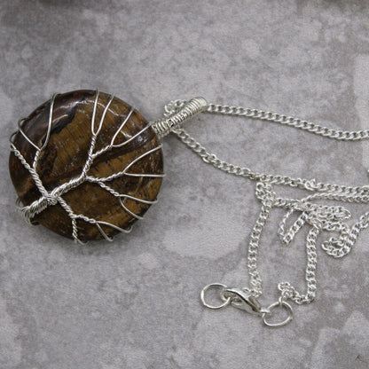 Alt Tag: Silver Plated Tree of Life Necklace – Tiger Eye, silver-plated wire-wrapped tiger eye pendant with chain necklace