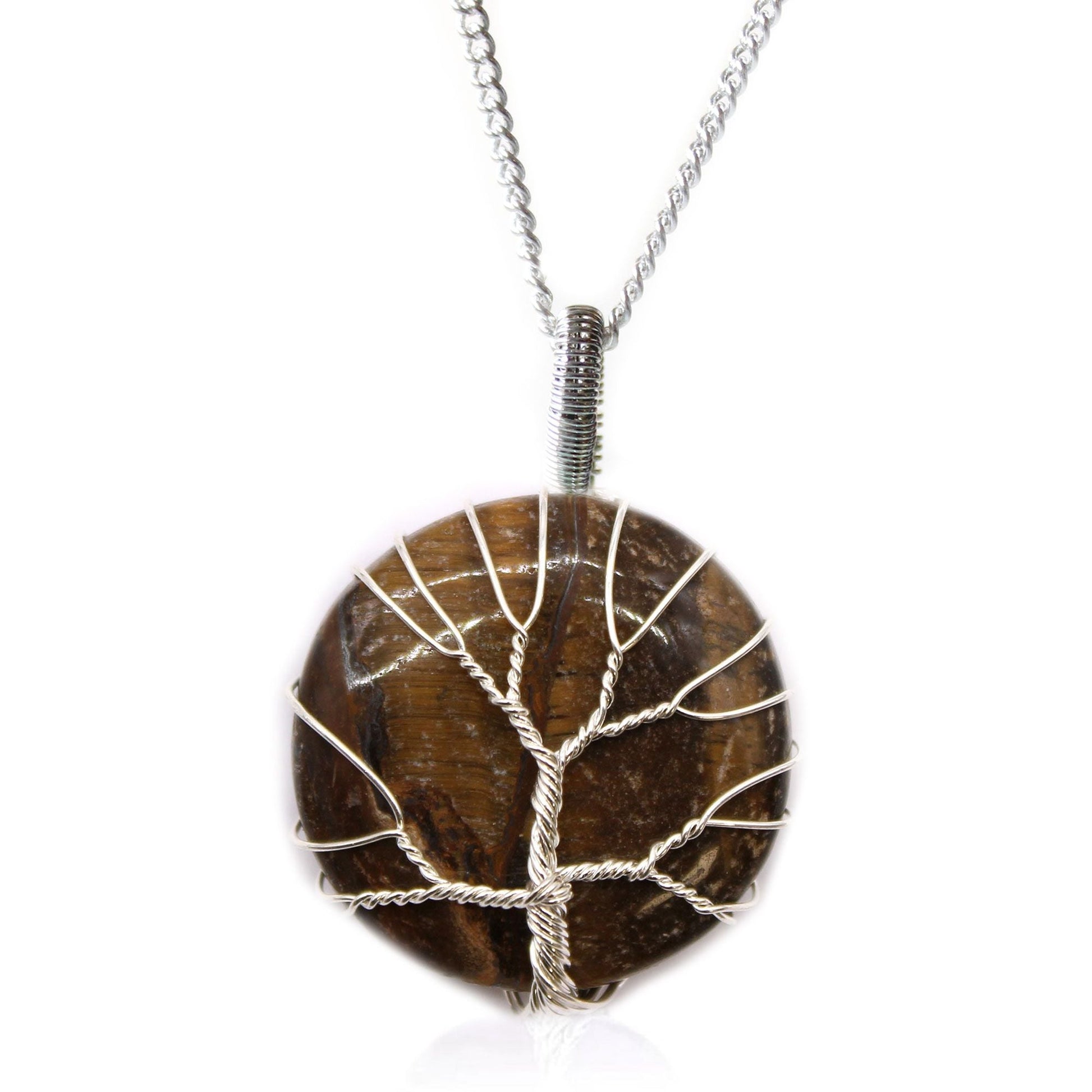 Alt Tag: Silver Plated Tree of Life Necklace – Tiger Eye, silver-plated chain with wire-wrapped tiger eye gemstone pendant