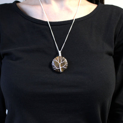 Silver Plated Tree of Life Necklace – Tiger Eye on model, silver-plated chain with round tiger eye tree of life pendant