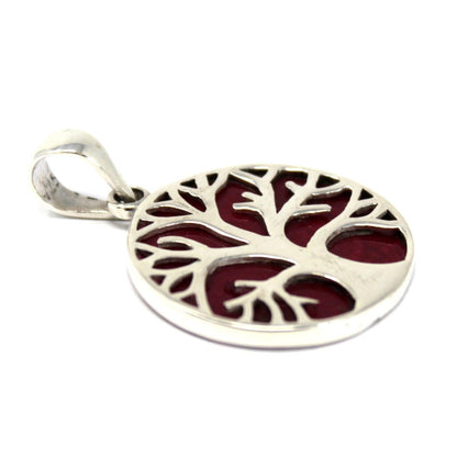 Silver Tree of Life Pendant – 22MM Coral Effect, silver tree cutout pendant with coral-effect inlay on white background