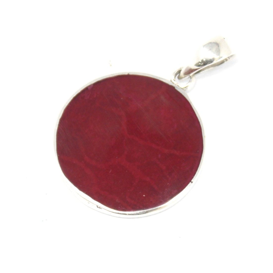 Silver Tree of Life Pendant – 22MM Coral Effect, red round pendant in silver setting with bail, close-up on white background