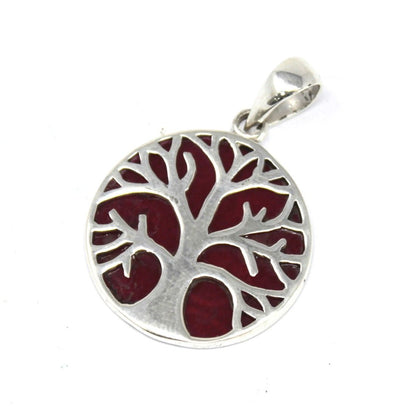 Silver Tree of Life Pendant – 22MM Coral Effect, colgante redondo de plata con diseño árbol calado y fondo efecto coral