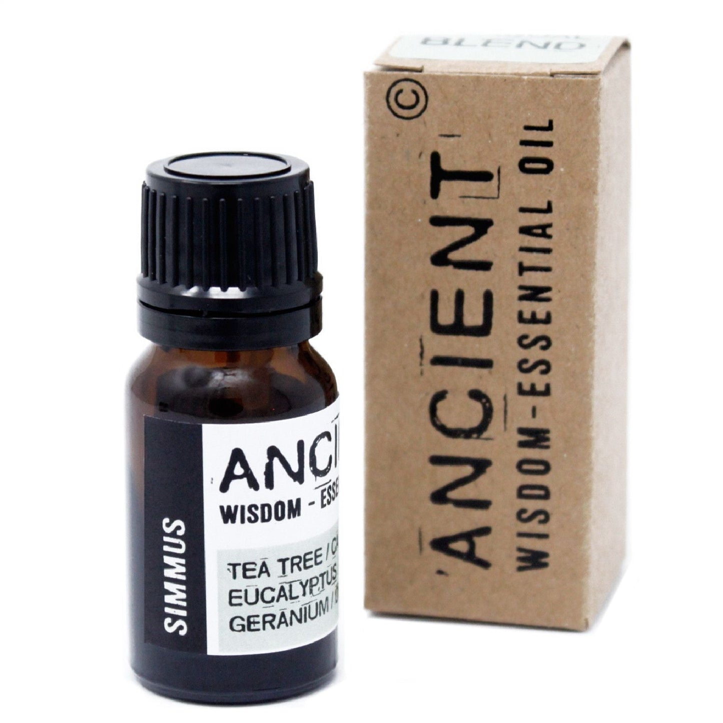 Alt Tag: Simmus Essential Oil Blend – 10ML frasco ámbar con tapa negra y caja “ANCIENT Wisdom-Essential Oil”