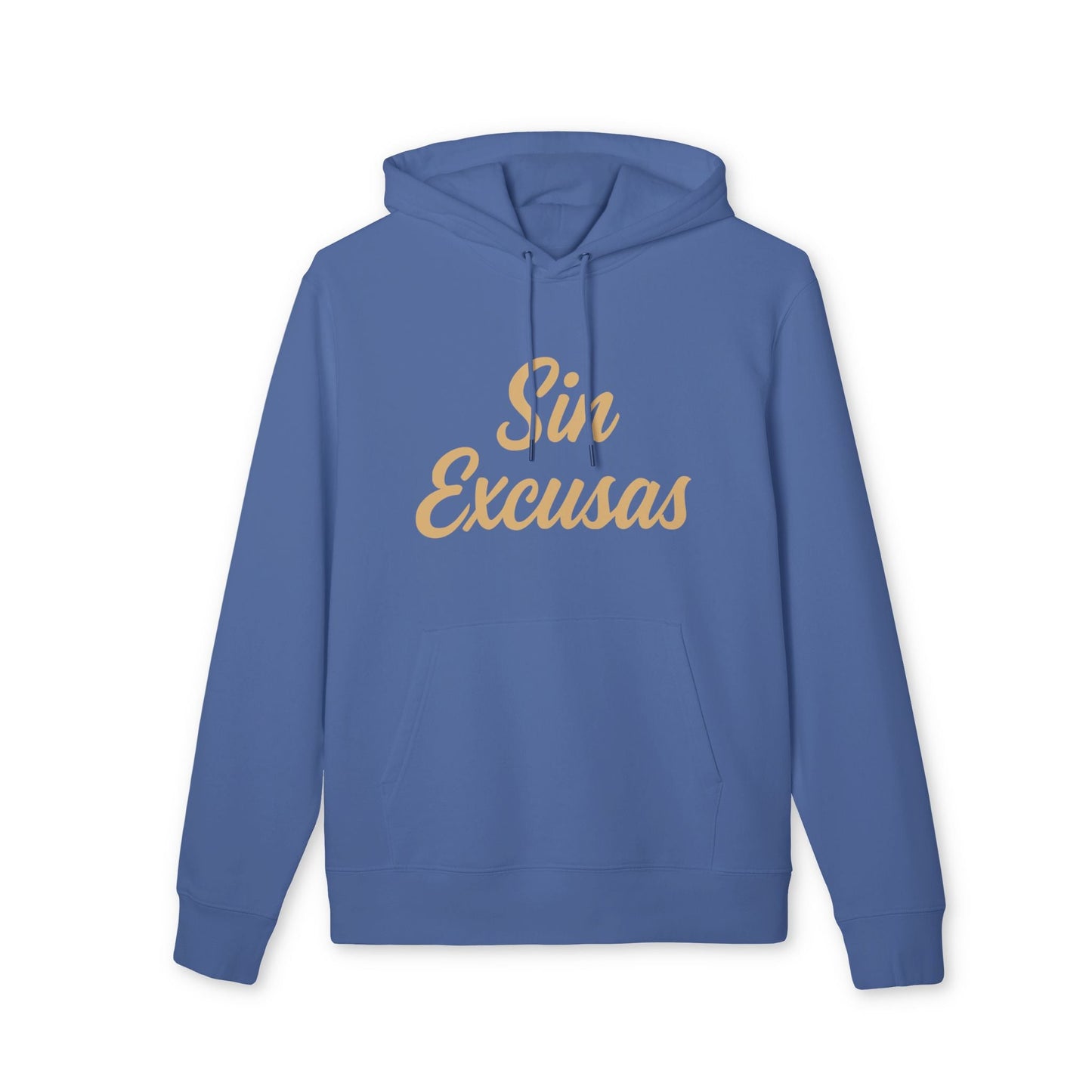 Alt Tag: Sin Excusas Deportistas Sustainable Unisex Hoodie blue organic cotton pullover hoodie with “Sin Excusas” text graphic front