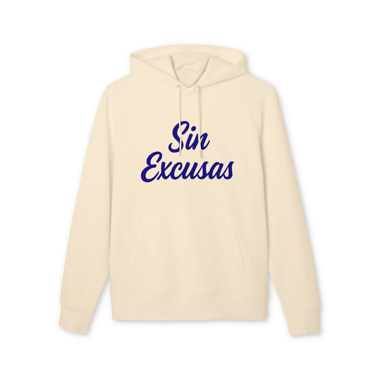 Sin Excusas Deportistas Sustainable Unisex Hoodie cream organic cotton pullover with hood and front pocket, blue “Sin Excusas” text