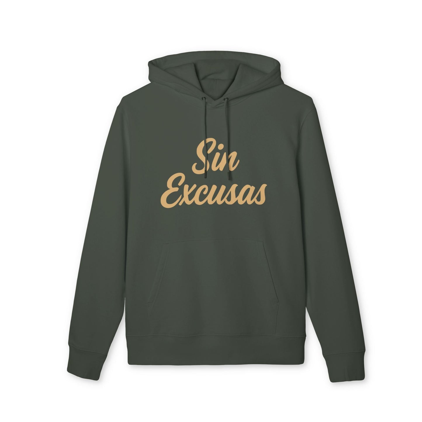 Sin Excusas Deportistas Sustainable Unisex Hoodie in verde oliva con capucha y texto "Sin Excusas" al frente