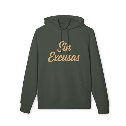 Sin Excusas Deportistas Sustainable Unisex Hoodie in verde oliva con capucha y texto "Sin Excusas" al frente
