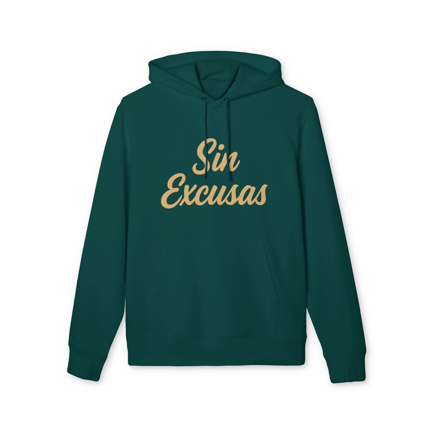 Alt Tag: Sin Excusas Deportistas Sustainable Unisex Hoodie verde con capucha, algodón orgánico, estampado “Sin Excusas” al frente