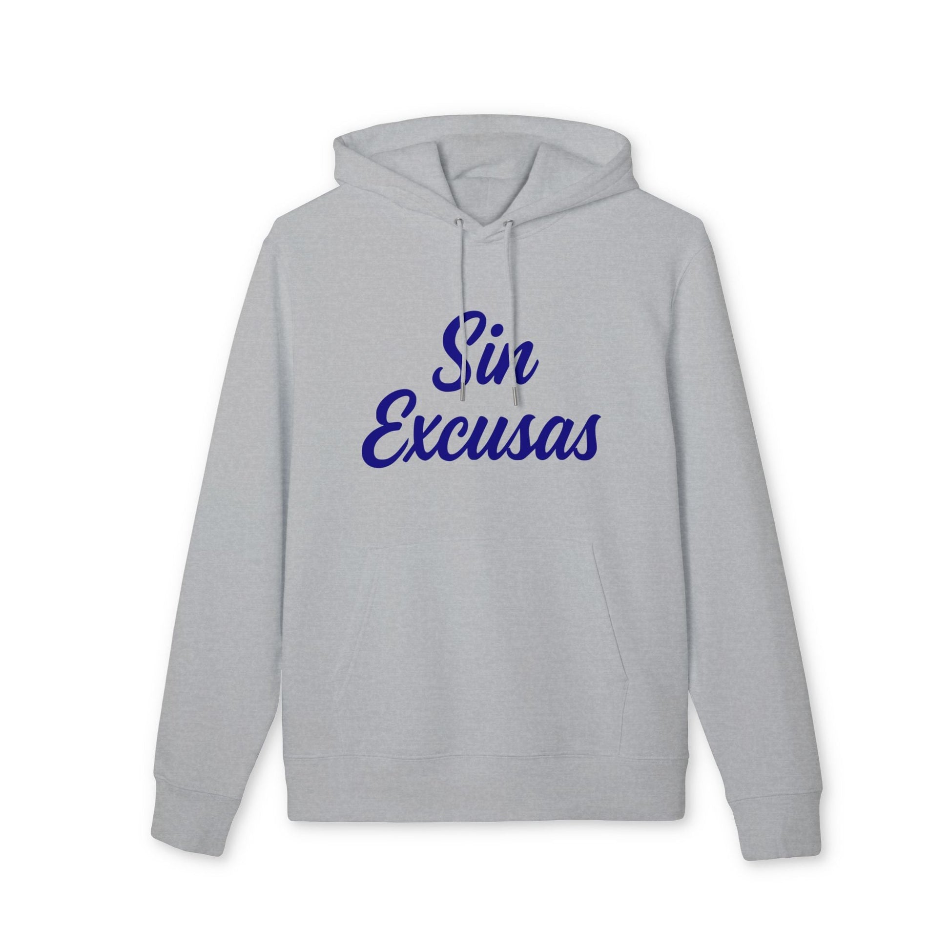 Alt Tag: Sin Excusas Deportistas Sustainable Unisex Hoodie gris claro de algodón orgánico con capucha y texto "Sin Excusas" en azul