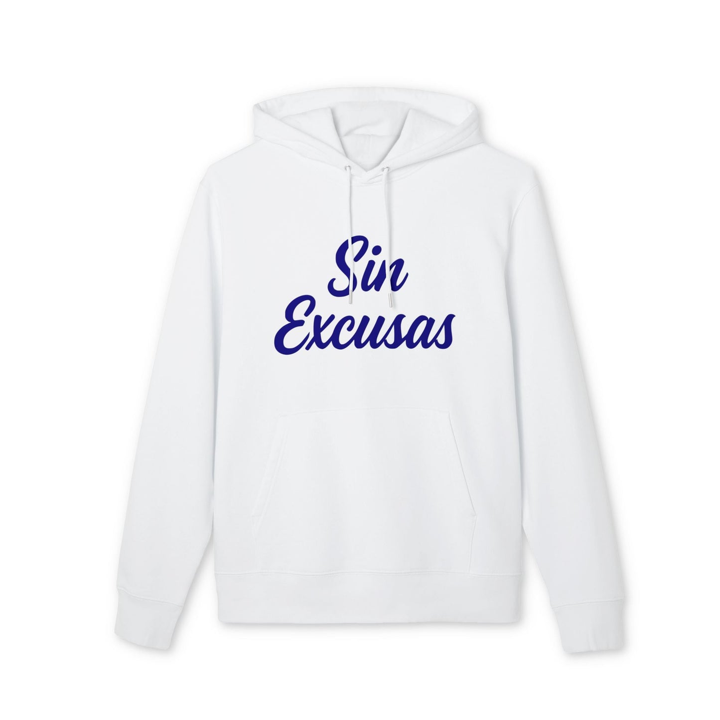 Alt Tag: Sin Excusas Deportistas Sustainable Unisex Hoodie blanca con capucha y cordones, texto “Sin Excusas” en azul al frente