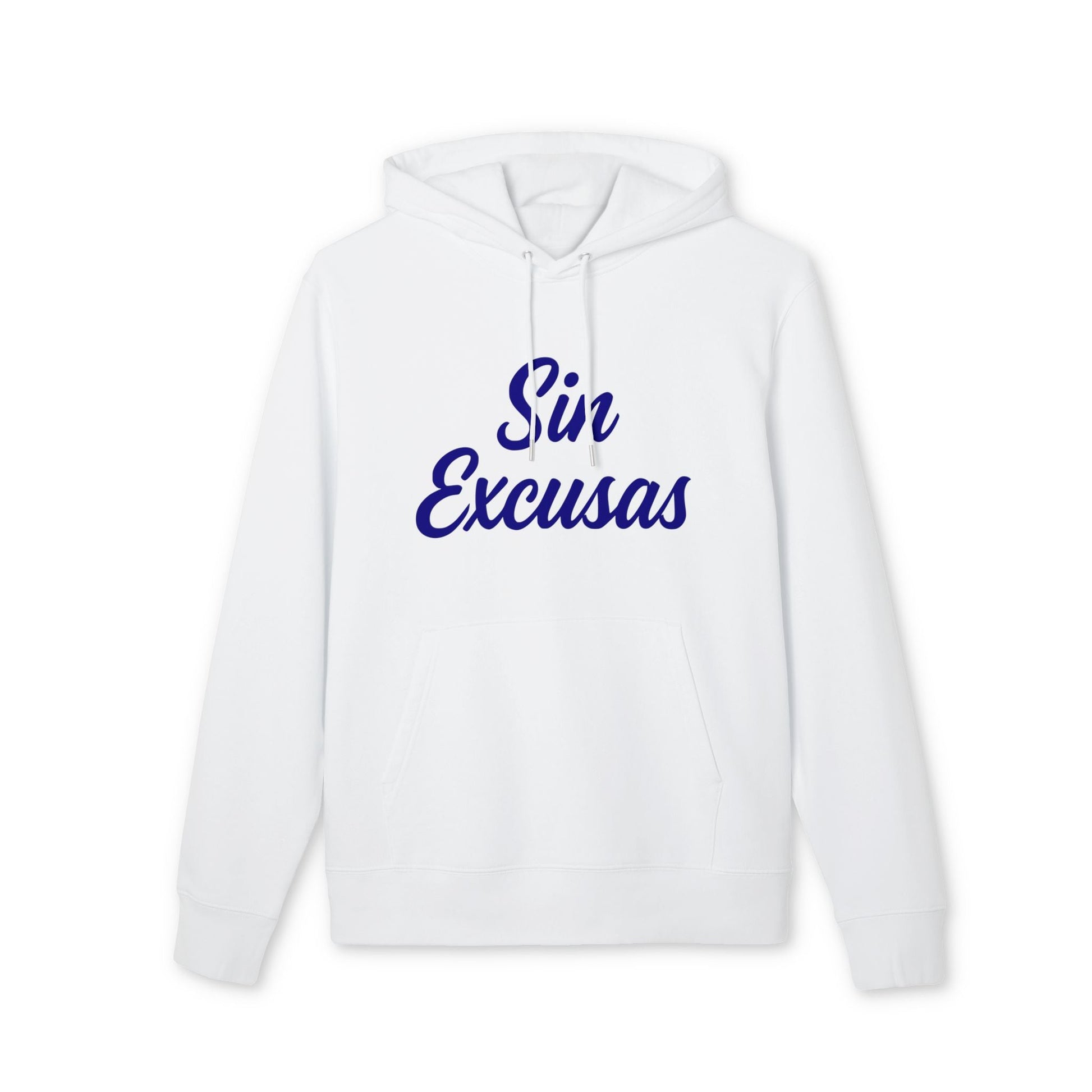 Alt Tag: Sin Excusas Deportistas Sustainable Unisex Hoodie blanca con capucha y cordones, texto “Sin Excusas” en azul al frente