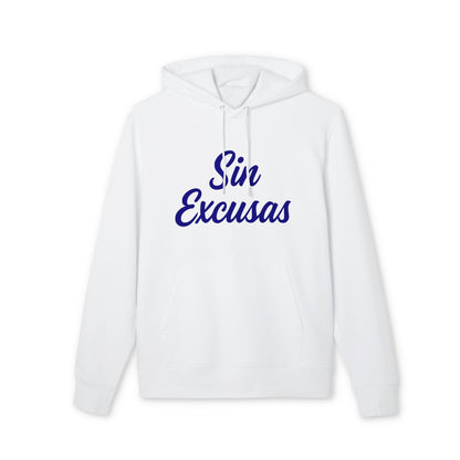 Alt Tag: Sin Excusas Deportistas Sustainable Unisex Hoodie blanca con capucha y cordones, texto “Sin Excusas” en azul al frente