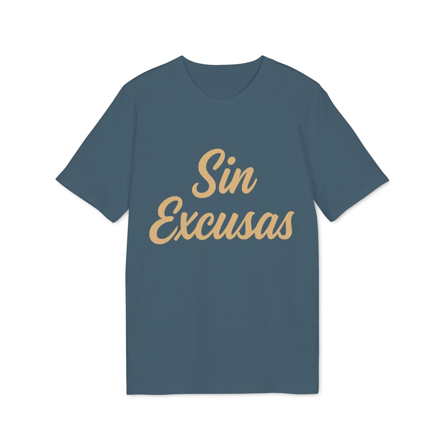 Alt Tag: Sin Excusas Organica Deportista 100% Organic Cotton T-Shirt en azul con texto "Sin Excusas" en el pecho