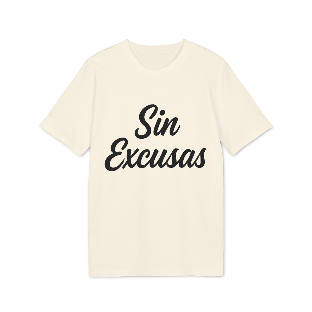 Alt Tag: Sin Excusas Organica Deportista 100% Organic Cotton T-Shirt camiseta color crema con texto 