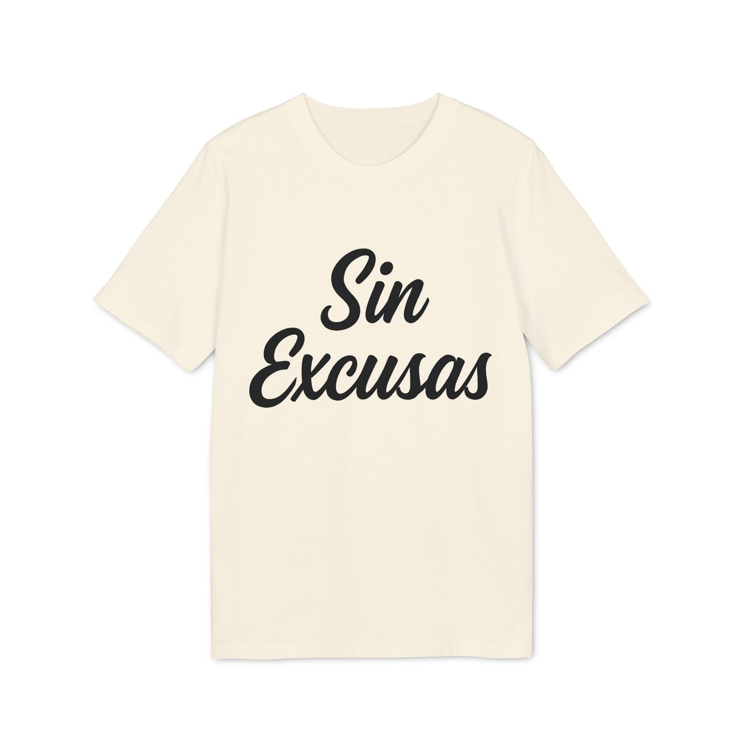 Alt Tag: Sin Excusas Organica Deportista 100% Organic Cotton T-Shirt camiseta color crema con texto "Sin Excusas" en negro, vista frontal