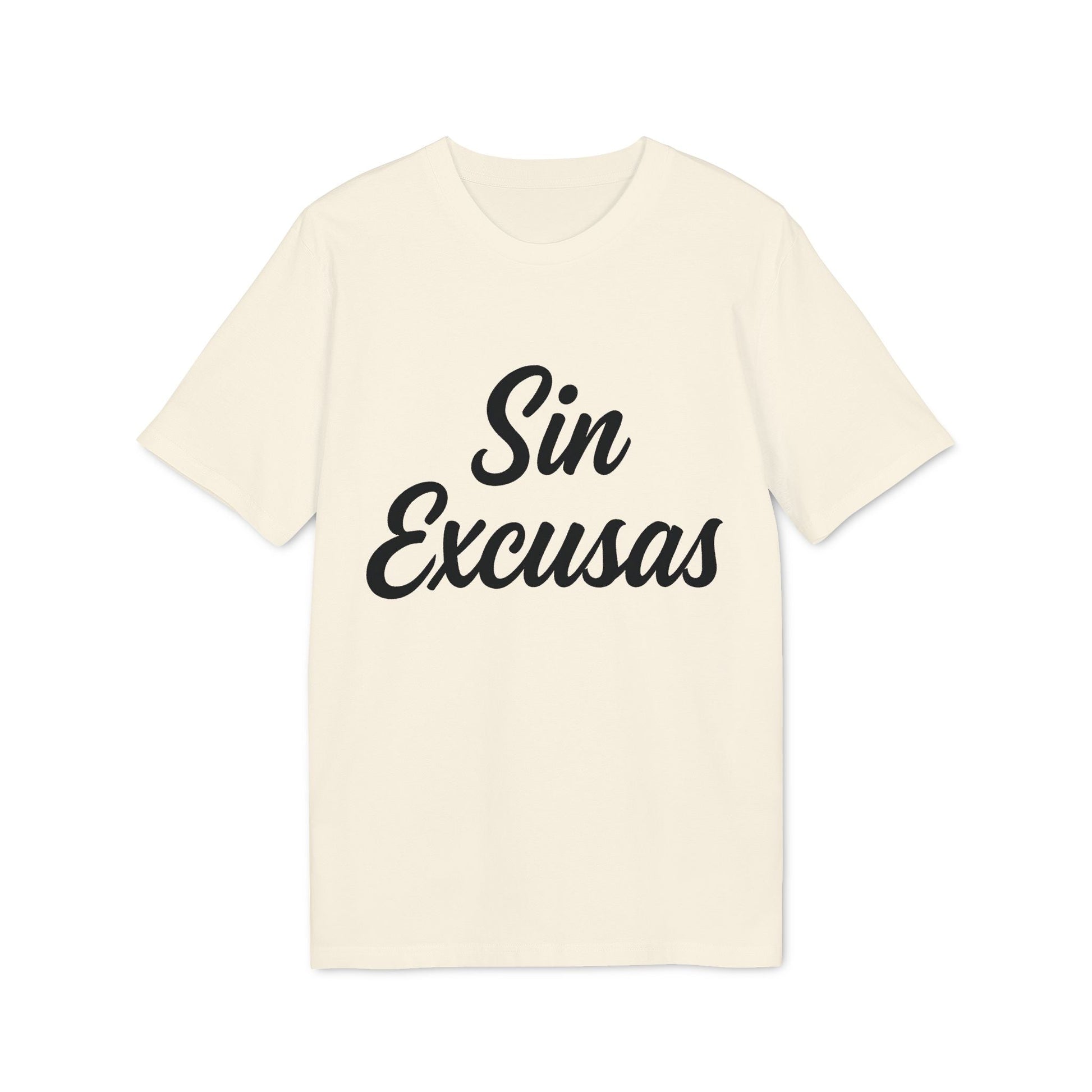 Alt Tag: Sin Excusas Organica Deportista 100% Organic Cotton T-Shirt camiseta color crema con texto "Sin Excusas" en negro, vista frontal
