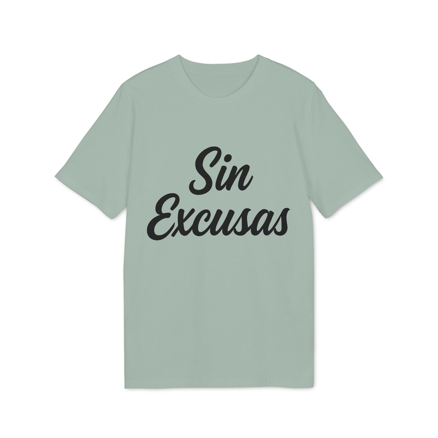 Alt Tag: Sin Excusas Organica Deportista 100% Organic Cotton T-Shirt camiseta verde salvia con texto "Sin Excusas" en negro