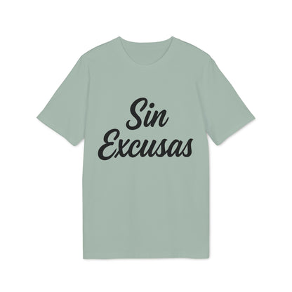 Alt Tag: Sin Excusas Organica Deportista 100% Organic Cotton T-Shirt camiseta verde salvia con texto "Sin Excusas" en negro