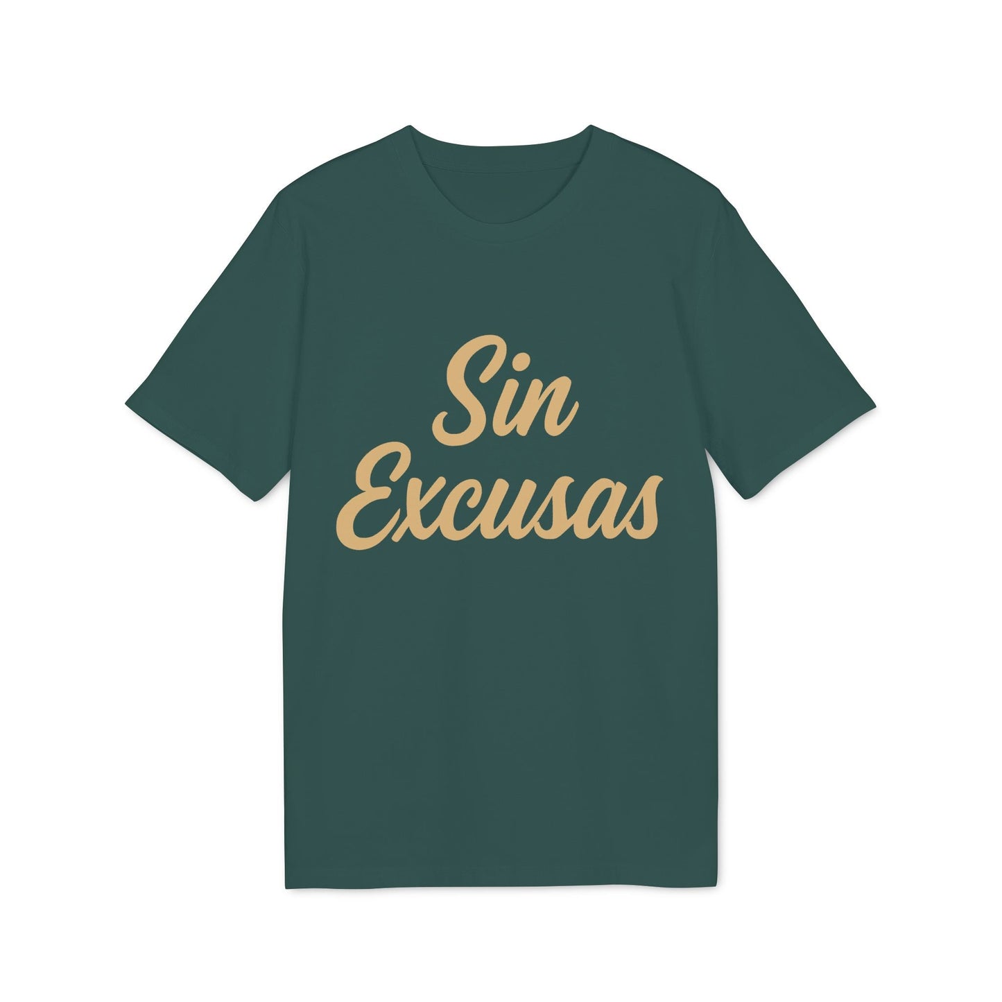 Sin Excusas Organica Deportista 100% Organic Cotton T-Shirt verde con texto "Sin Excusas" en tipografía beige, vista frontal