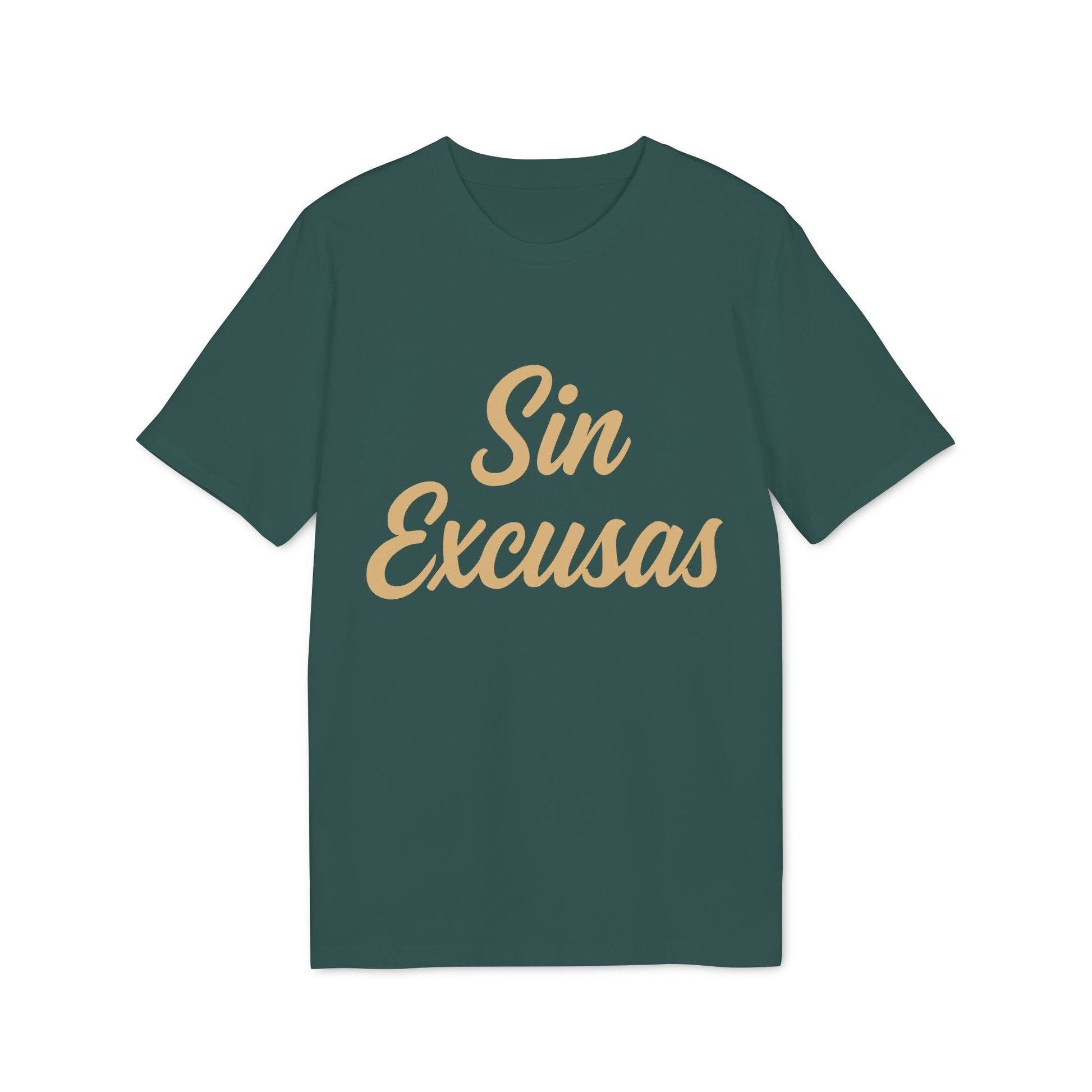 Sin Excusas Organica Deportista 100% Organic Cotton T-Shirt verde con texto "Sin Excusas" en tipografía beige, vista frontal