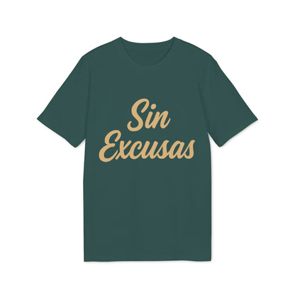 Sin Excusas Organica Deportista 100% Organic Cotton T-Shirt verde con texto "Sin Excusas" en tipografía beige, vista frontal