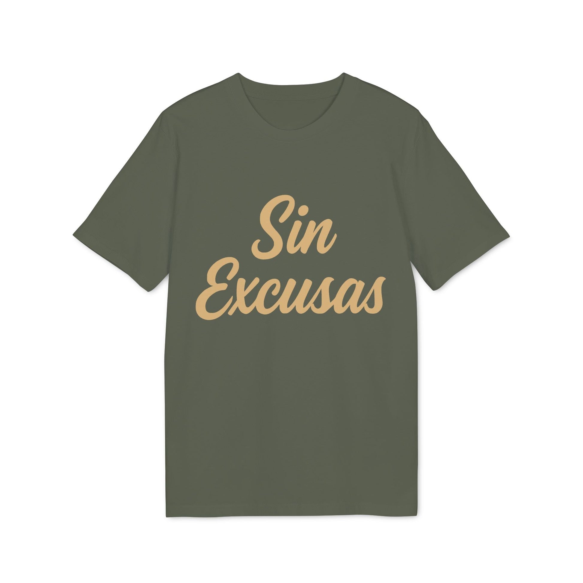 Sin Excusas Organica Deportista 100% Organic Cotton T-Shirt camiseta verde oliva con texto “Sin Excusas” en el frente