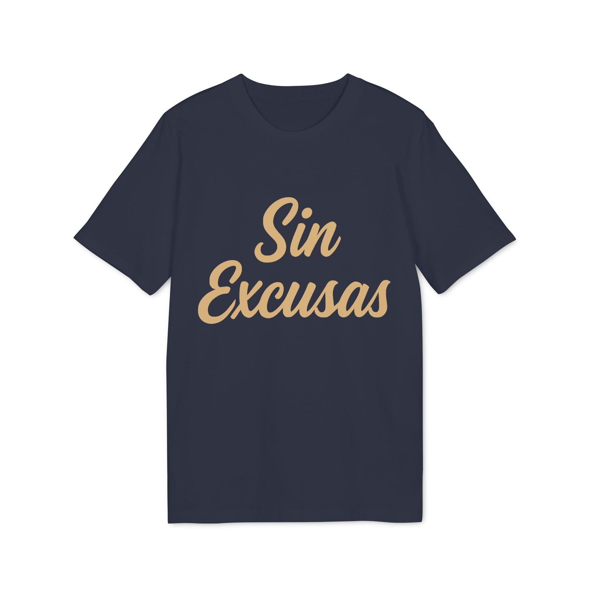 Alt Tag: Sin Excusas Organica Deportista 100% Organic Cotton T-Shirt navy tee with tan "Sin Excusas" script front print