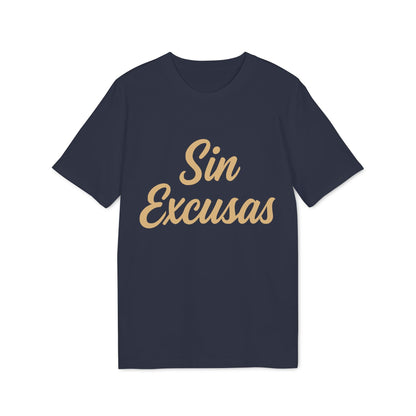 Alt Tag: Sin Excusas Organica Deportista 100% Organic Cotton T-Shirt navy tee with tan "Sin Excusas" script front print