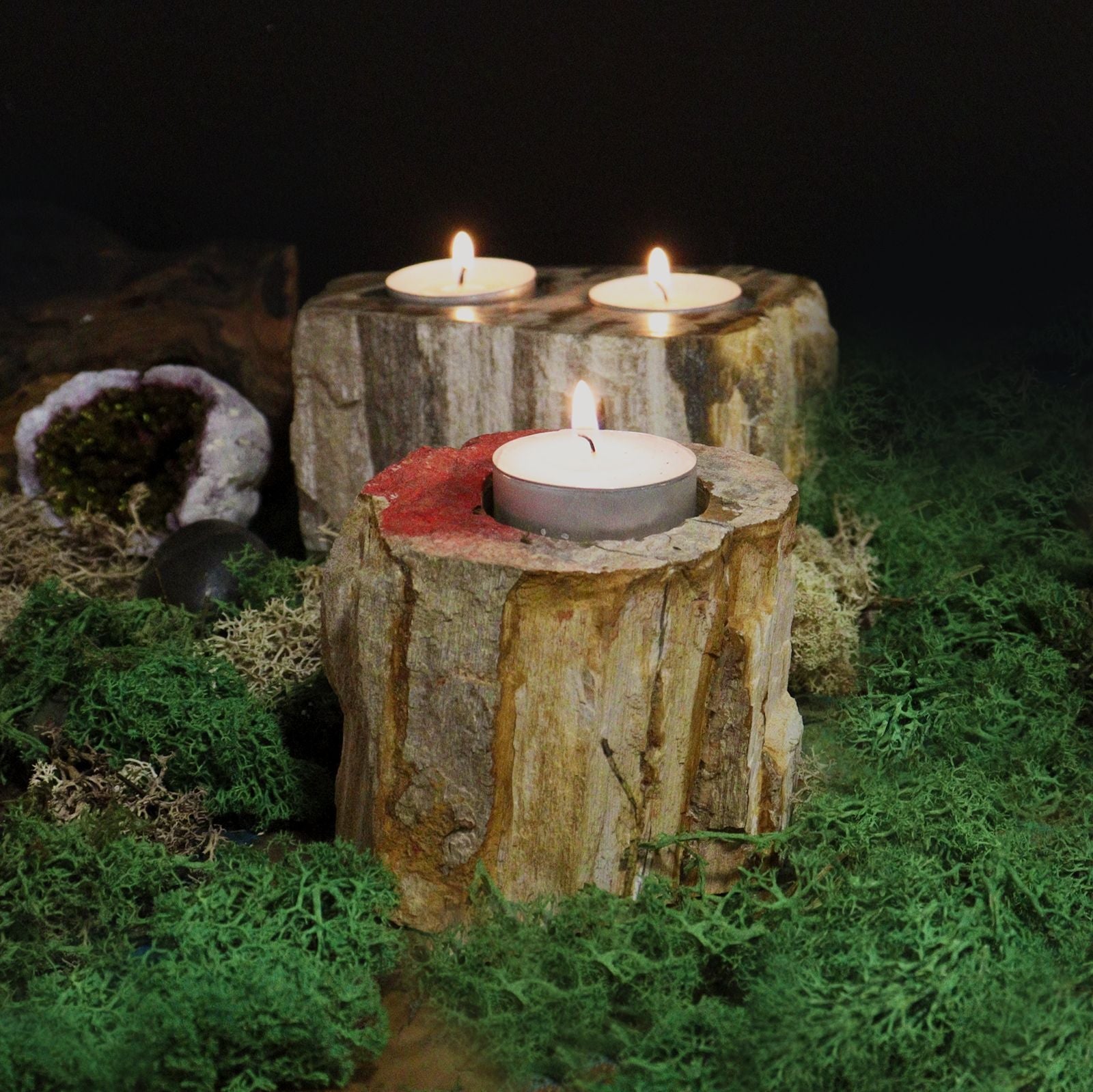 Single Low Petrified Wood Candle Holder – Natural Stone with tea light candles, natural stone decor on moss
