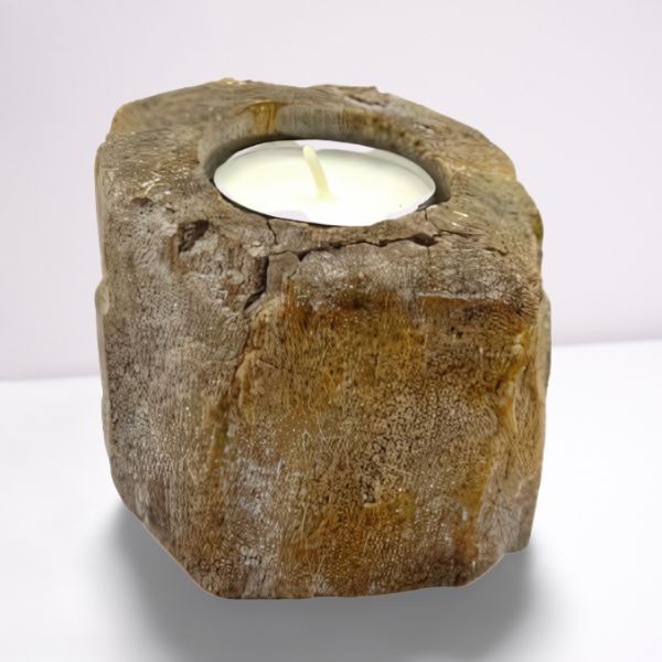 Alt Tag: Single Low Petrified Wood Candle Holder – Natural Stone with tea light, low-profile natural stone candle holder